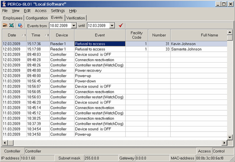 Access control system event list sample screenshot